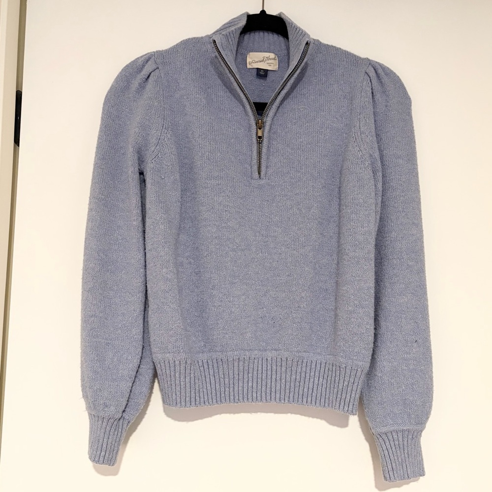 Universal Thread Quarter Zip Knit Sweater Blue Puff Sleeve, Size XS